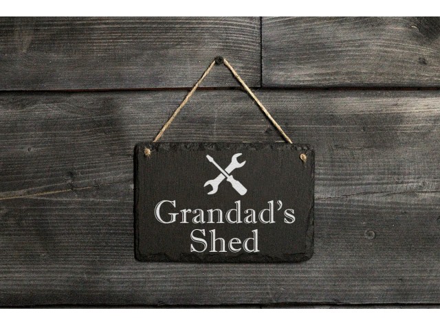 Slate shed sign engraved with the Welsh words for Grandads Shed 